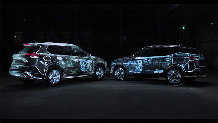 Nissan Qashqai ja X-Trail, johon 3D-heijastettu e-POWER teknologia ja sen osat.